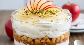 Postre en vaso con capas de manzana troceada, crema blanca y gelatina. Decorado con rodajas de manzana roja y pistachos. Manzanas rojas al fondo.