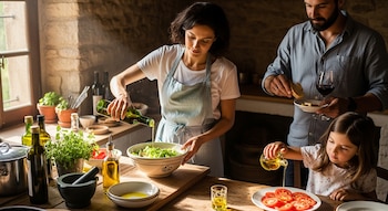 Una mujer vierte aceite de oliva en una ensalada, una niña en rodajas de tomate y un hombre con pan y vino, en una cocina rústica.