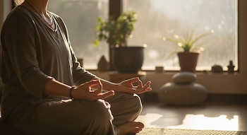 Persona sentada meditando en el suelo con mudras en las manos, un collar, ropa holgada, plantas y objetos decorativos frente a una ventana soleada.