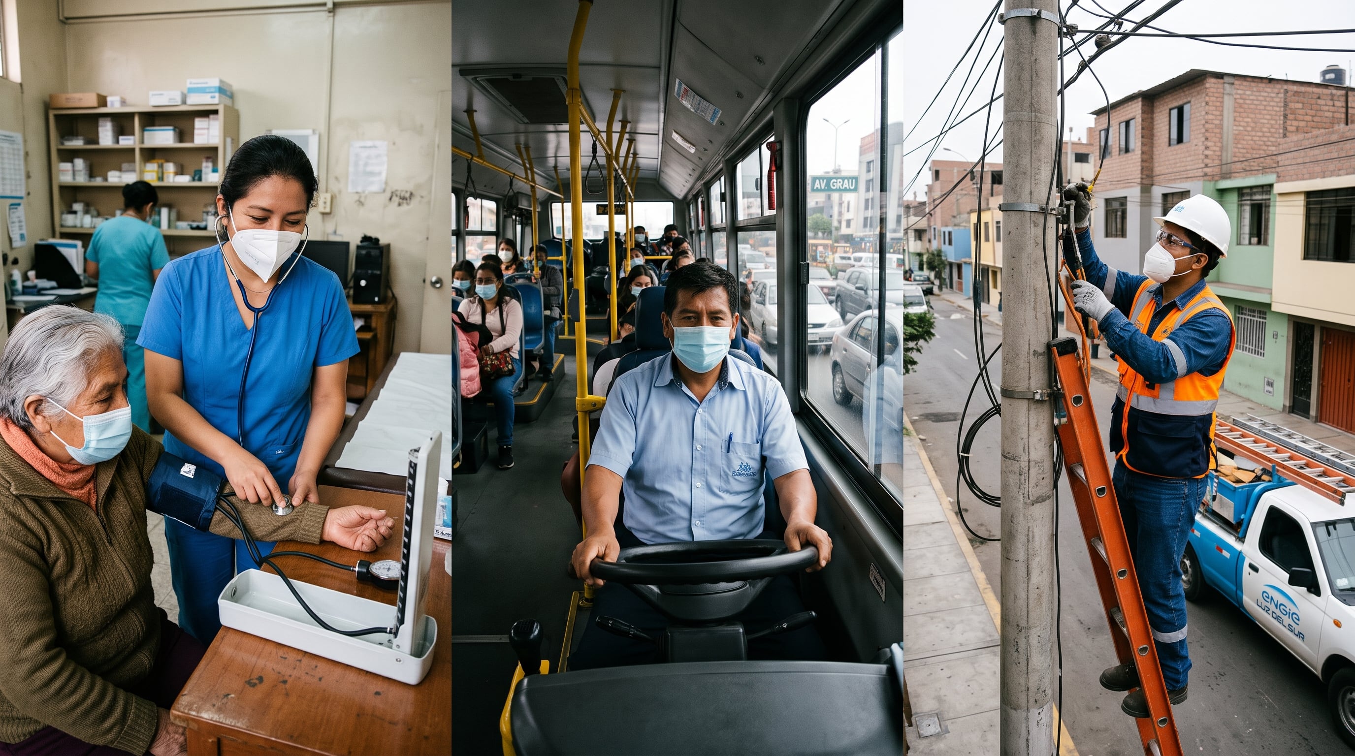 Una enfermera, un conductor de autobús y un técnico de electricidad mantienen la atención de servicios esenciales en Perú durante una jornada laboral. (Imagen Ilustrativa Infobae)
