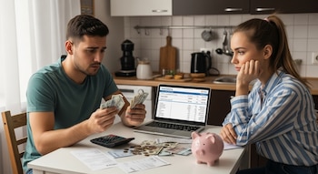 Un hombre y una mujer jóvenes sentados a una mesa de cocina; el hombre cuenta billetes mientras la mujer observa pensativa junto a un portátil, calculadora y un cerdito hucha.