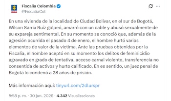 Las autoridades reportaron que el criminal fue condenado por la agresión que estuvo a punto de quitarle la vida a su expareja - crédito Fiscalía General de la Nación / X