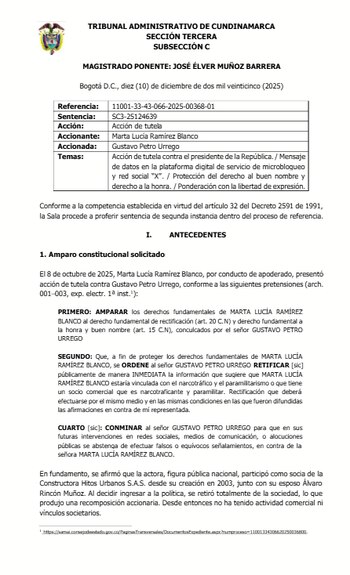 La decisión del Tribunal Administrativo de Cundinamarca responde a una acción de tutela interpuesta por la defensa de la exvicepresidenta, que argumentó que la afirmación “constituye una imputación falsa y lesiva” - crédito Tribunal Administrativo de Cundinamarca