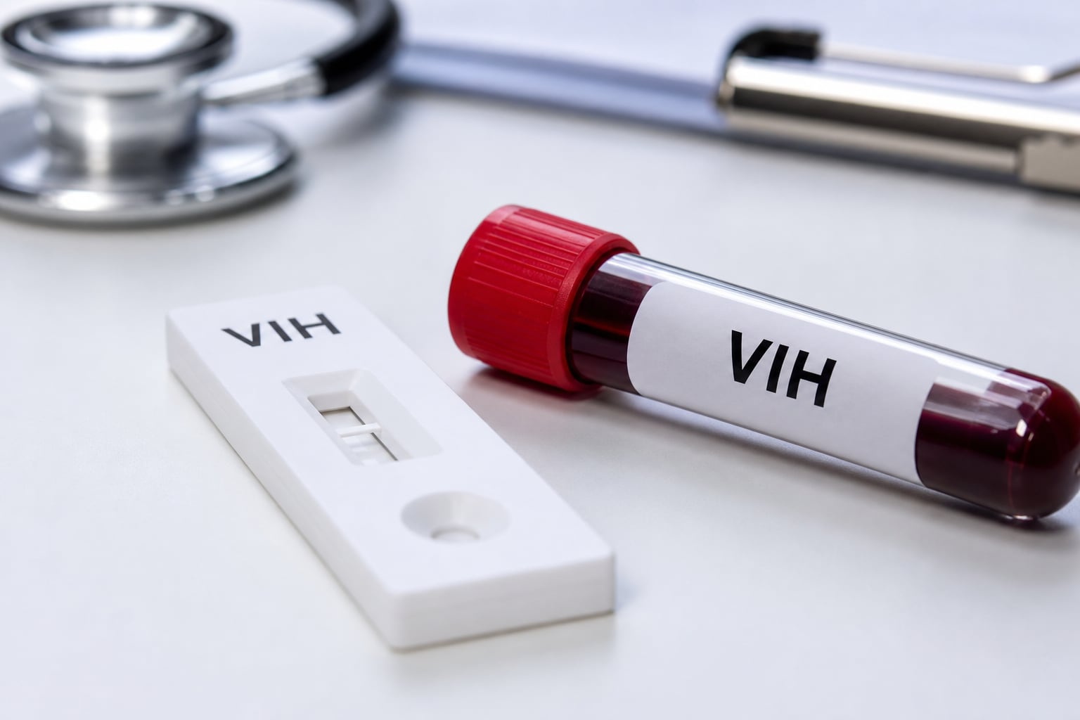 Un kit de prueba rápida y un tubo con muestra de sangre identificada como VIH reposan sobre un escritorio. (Imagen Ilustrativa Infobae)