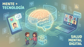 Ilustración de un cerebro, código, una tableta con un perfil, un portátil con una videollamada, figuras humanas pixeladas y piezas de rompecabezas.