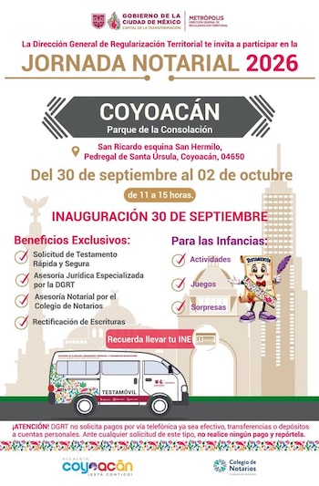 Cartel informativo sobre la Jornada Notarial 2026 en Coyoacán con el vehículo Testamóvil, fechas, dirección y logotipos oficiales