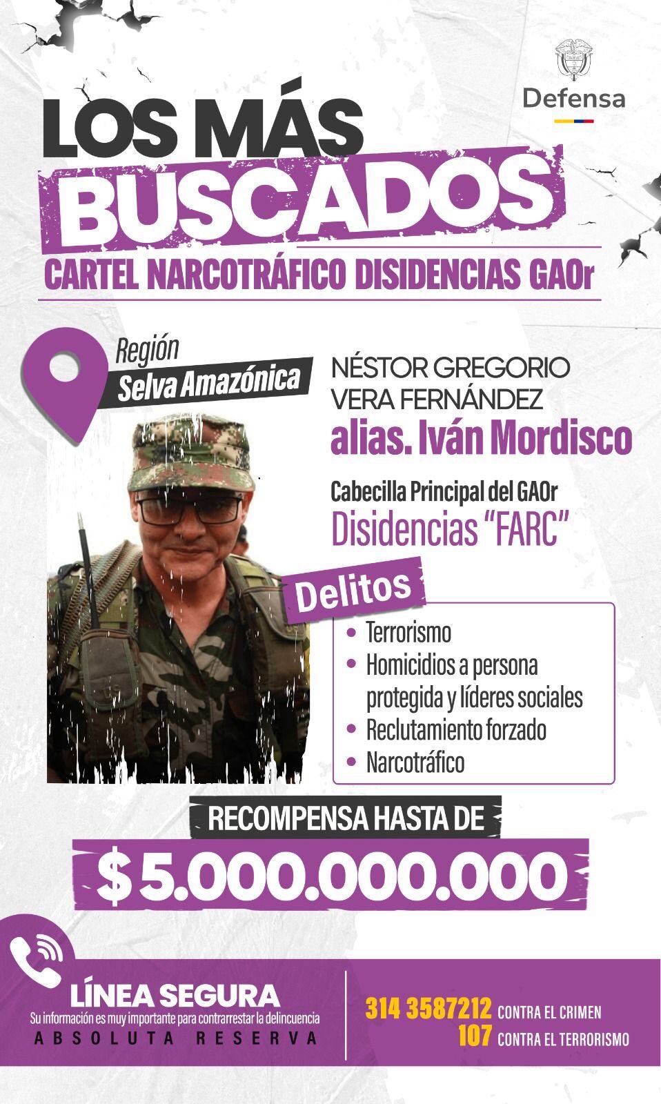 La recompensa estatal de 5.000 millones de pesos por la captura de Néstor Gregorio Vera Fernández sigue vigente y en cifra récord en Colombia - crédito @PedroSanchezCol / X