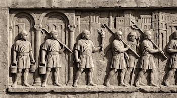 Relieve de piedra con siete figuras masculinas vestidas con túnicas, cascos y sandalias, llevando cubos, ganchos y una antorcha. Fondo de edificios con arcos y columnas.