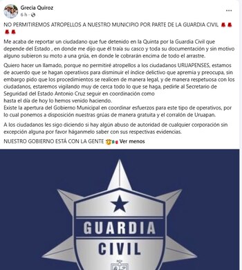Mensaje de la alcaldesa sobre los presuntos abusos de la Guardia Civil en Uruapan. Crédito: Facebook - Grecia Quiroz