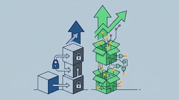 Ilustración plana que muestra dos columnas. A la izquierda, cajas cerradas con candados azules y una flecha ascendente azul. A la derecha, cajas abiertas con circuitos verdes y una flecha verde más alta