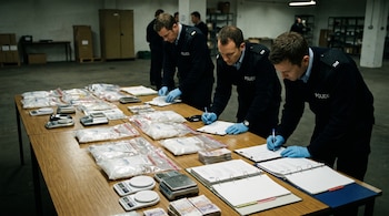 Tres agentes de policía con guantes azules catalogan evidencia sobre una mesa que contiene metanfetamina en bolsas, balanzas, dinero en efectivo y documentos.