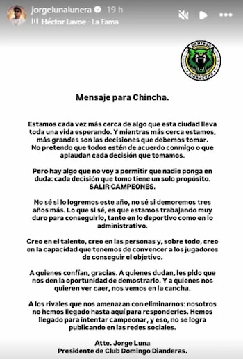 Captura de pantalla de una historia de Instagram con un texto titulado Mensaje para Chincha y el escudo del Club Domingo Dianderas