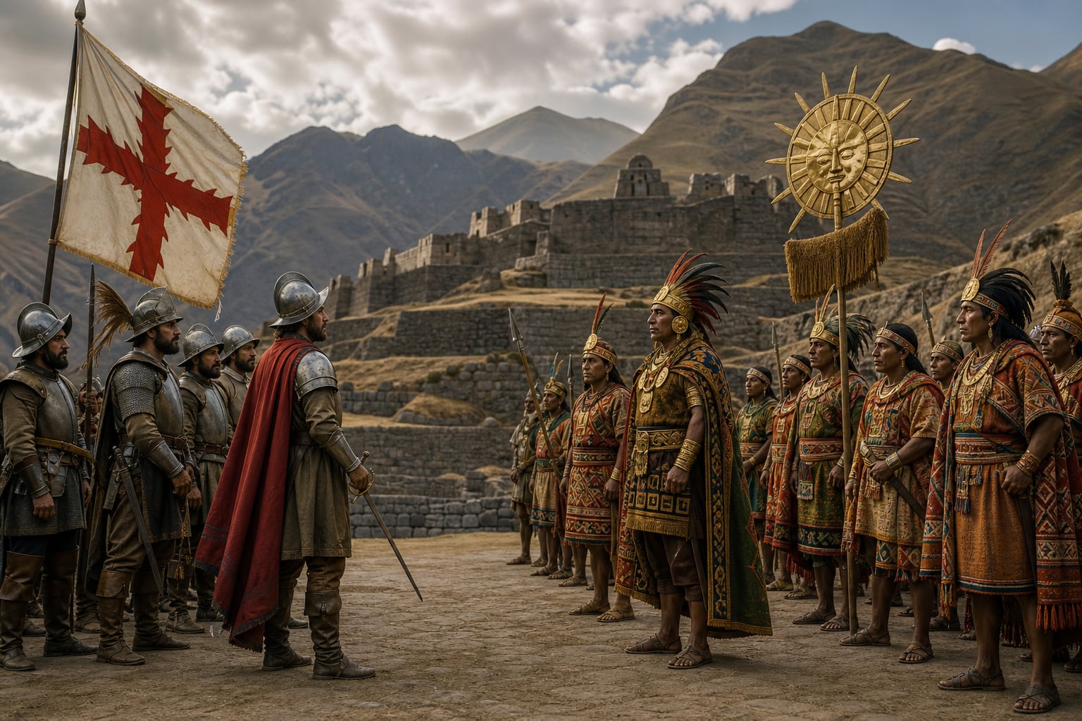 Conquistadores españoles y miembros de la nobleza incaica se encuentran frente a frente en una explanada andina con ruinas de piedra al fondo. (Imagen Ilustrativa Infobae)