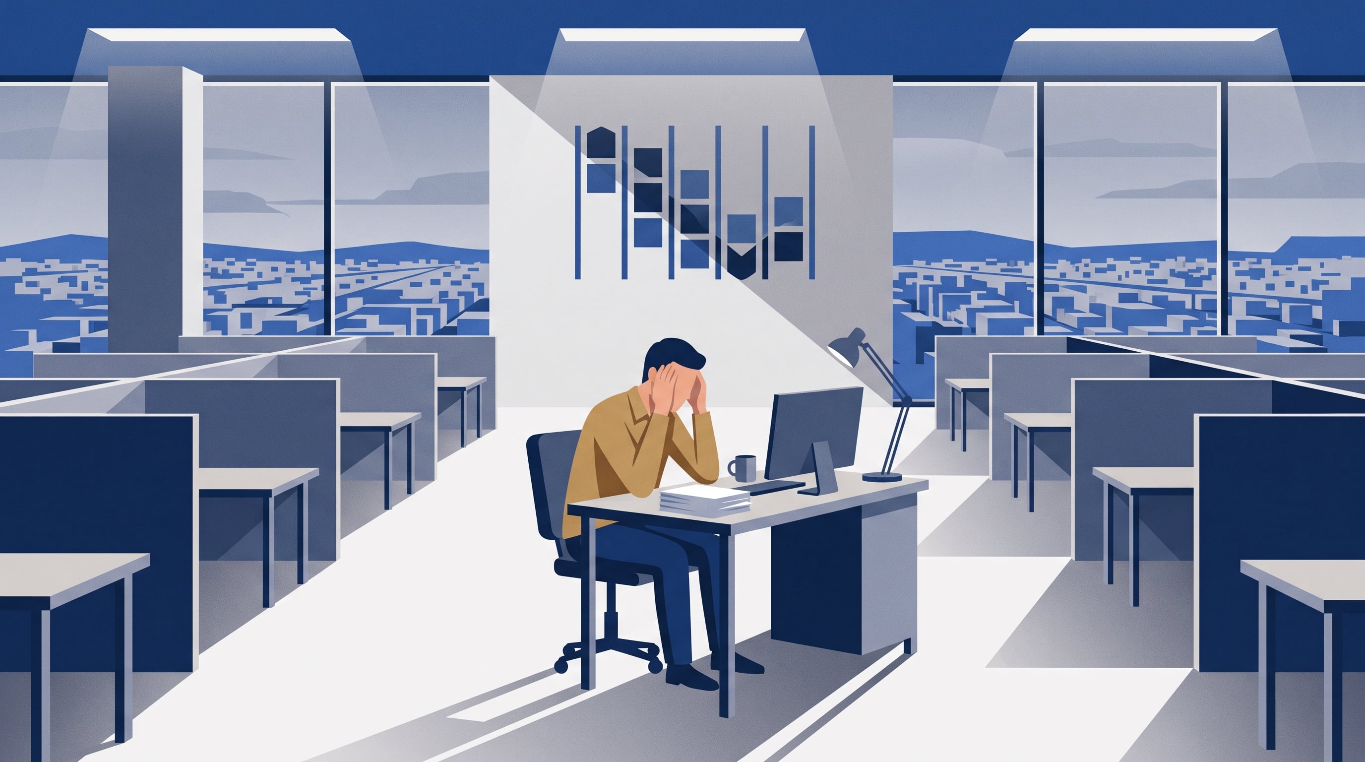 Un empleado sostiene su cabeza frente al escritorio en una oficina vacía de la Ciudad de México, en un contexto de presión laboral e indicadores del INEGI. (Imagen Ilustrativa Infobae)