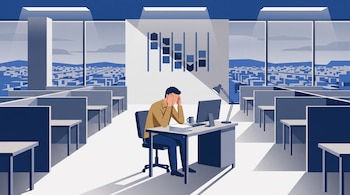 Ilustración de un hombre sentado ante un escritorio con computadora en una oficina vacía con ventanales y un gráfico al fondo.