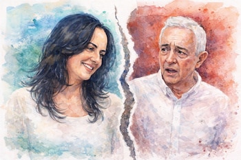 Ilustración en acuarela de María Fernanda Cabal sonriendo a la izquierda y Álvaro Uribe con expresión preocupada a la derecha, con una rasgadura vertical en el centro.