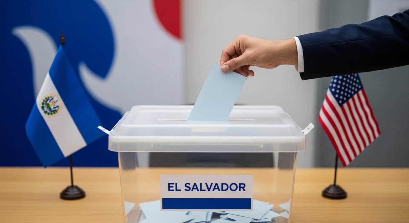 Una mano genérica deposita una boleta en una urna transparente con la etiqueta 'El Salvador', simbolizando la participación de la diáspora salvadoreña en el extranjero, con banderas de El Salvador y Estados Unidos de fondo. (Imagen Ilustrativa Infobae)