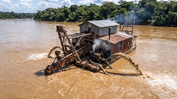 Vista aérea de una embarcación minera de madera y metal que expulsa agua hacia un río marrón bordeado por selva.