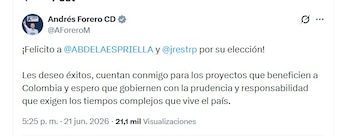 Andrés Forero aseguró que acompañará los proyectos que beneficien al país y pidió responsabilidad en las decisiones del nuevo Gobierno - crédito AForero/X