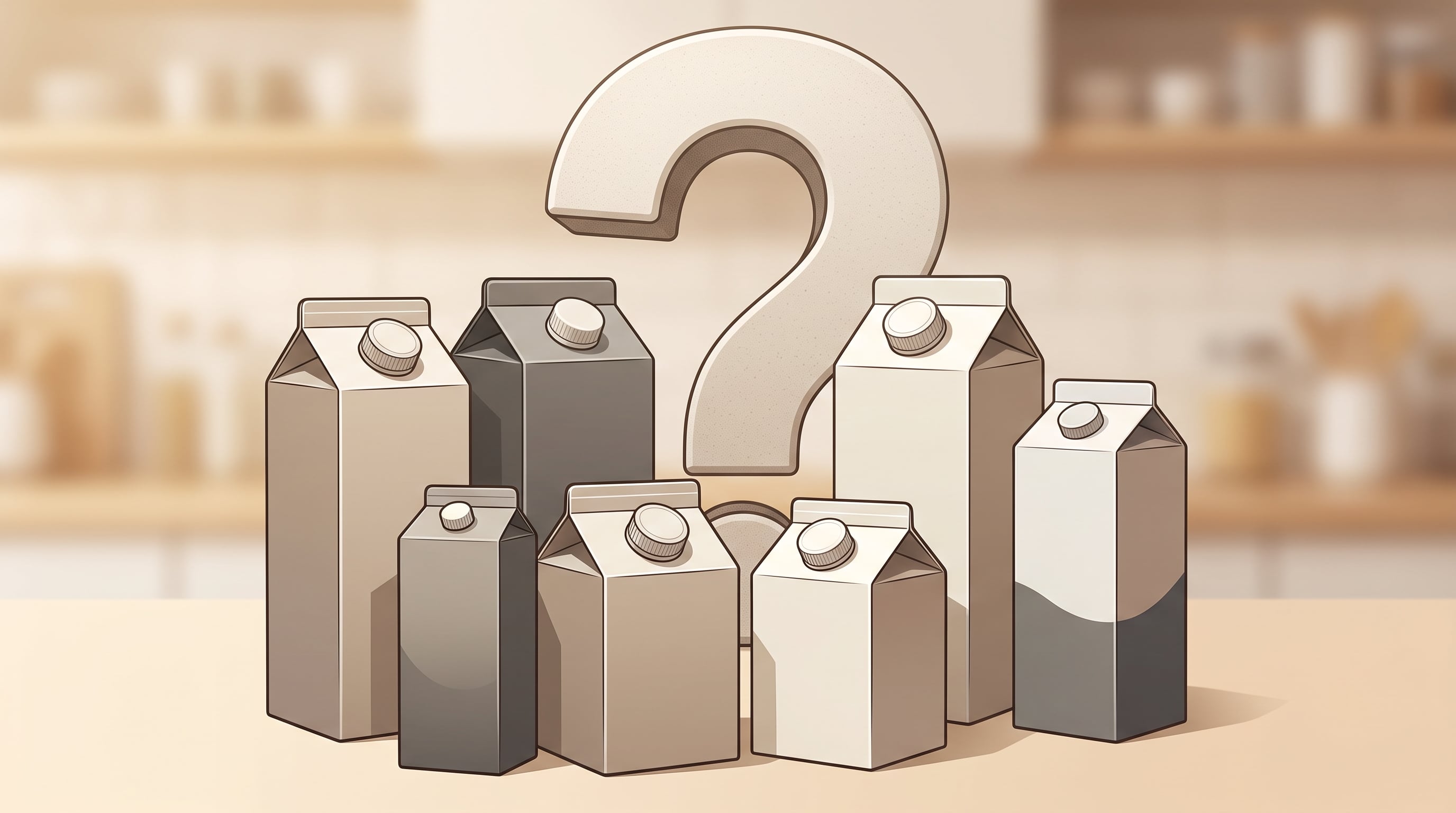 Un conjunto de envases de leche sin etiqueta junto a un signo de interrogación ilustra el dilema sobre la elección de marcas en el mercado. (Imagen Ilustrativa Infobae)