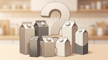 Envases de cartón de leche en tonos neutros colocados junto a un gran signo de interrogación sobre una mesa de cocina.