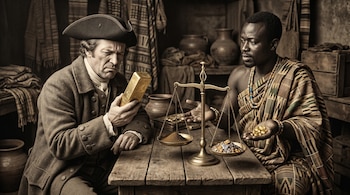 Os europeus do século XVIII possuem lingotes de ouro. Akan mostra uma pepita de ouro. Equilíbrio na mesa de ouro puro e impuro.