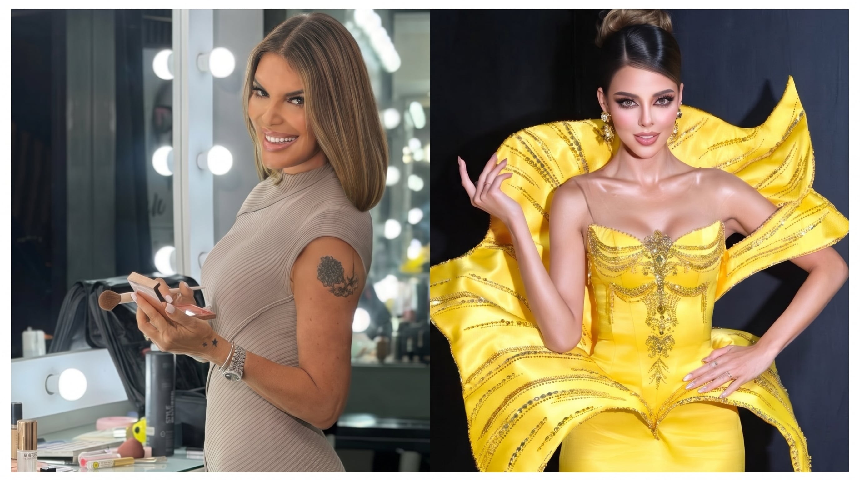 Jessica Newton posa frente a un espejo de maquillaje mientras Luciana Fuster viste un traje amarillo de gala vinculado al certamen Miss Grand Perú. (Imagen Ilustrativa Infobae)