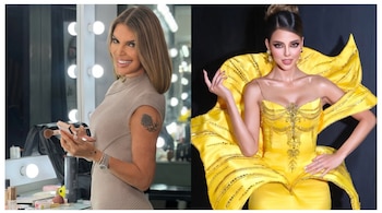 Composición con Jessica Newton sosteniendo maquillaje ante un espejo y Luciana Fuster con un vestido amarillo brillante sobre fondo negro.