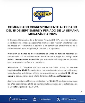La Semana Morazánica busca concentrar los feriados de octubre para impulsar el turismo y los desplazamientos internos en Honduras.