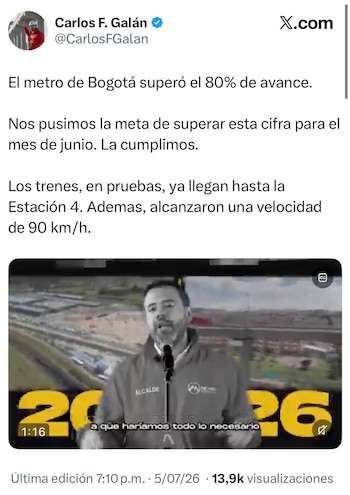 Carlos Fernando Galán, Alcalde de Bogotá, anuncia avance del 80% en la obra del Metro-crédito @CarlosFGalan/X