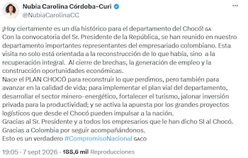 Nubia Córdoba anunció el Plan Chocó para la reconstrucción y proyectos de desarrollo regional - crédito @NubiaCarolinaCC/X
