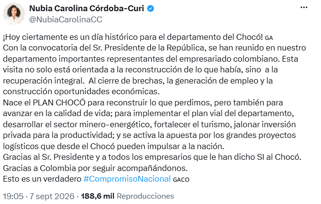 Nubia Córdoba anunció el Plan Chocó para la reconstrucción y proyectos de desarrollo regional - crédito @NubiaCarolinaCC/X