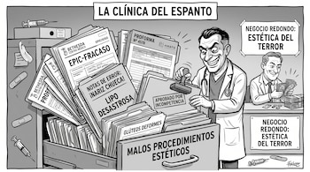 Caricatura: Doctor con sonrisa malvada sella expedientes de "malos procedimientos estéticos" y "EPIC-FRACASO". Otro hombre cuenta dinero, jeringas y vendas en el fondo.