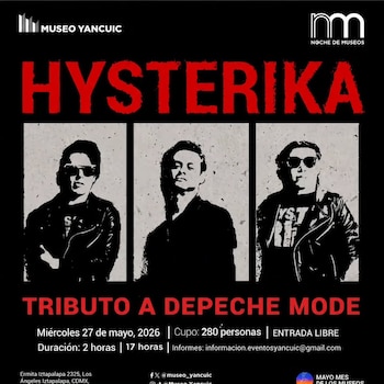 Póster promocional para el tributo a Depeche Mode por Hysterika. Muestra el título Hysterika en rojo y tres siluetas masculinas en blanco y negro
