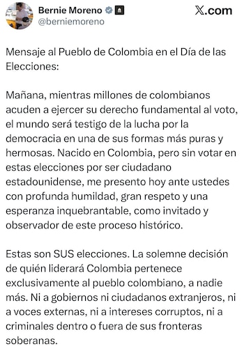 Moreno aseguró que el futuro político de Colombia debe ser decidido exclusivamente por quienes ejercen su derecho al voto dentro del país - crédito X