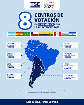 Infografía del TSE que muestra la ubicación de los centros de votación en Bogotá, Lima, Quito, La Paz, Brasilia, Santiago, Buenos Aires y Montevideo (Cortesía: TSE).
