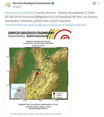 El primer sismo en el municipio santandereano fue de 4.6 de magnitud - crédito @sgcol/X