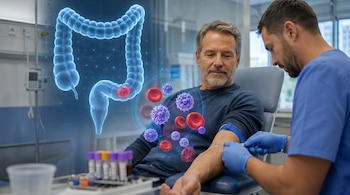 Un hombre sentado en una silla médica mientras un flebotomista extrae sangre de su brazo; una gráfica digital de un colon con un tumor y células microscópicas flota en el aire.