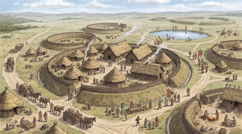 Ilustración panorámica de un asentamiento de la Edad del Bronce con viviendas circulares, estanque, recintos amurallados, personas, animales, carros y enseres.