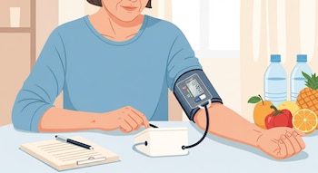 Ilustración de una persona sentada, midiendo su presión arterial con un tensiómetro digital en el brazo izquierdo. Junto a ella, hay frutas y botellas de agua.
