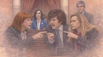 Pintura acuarela de Patricia Bullrich, Javier Milei y Victoria Villarruel señalándose con expresiones de enojo. Dos observadores detrás en un salón parlamentario.