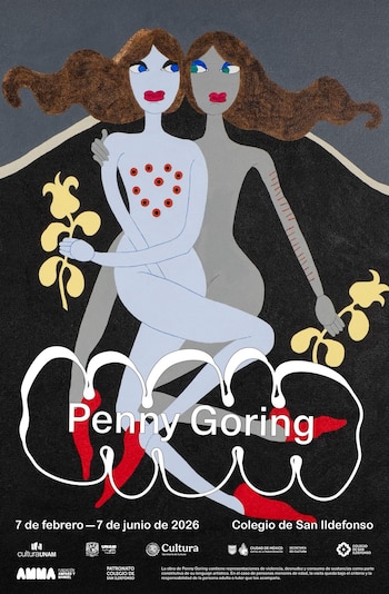 Cartel de exposición de Penny Goring con dos figuras femeninas estilizadas, una azul con puntos rojos y otra gris con líneas. Ambas tienen cabello castaño y labios rojos