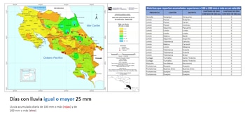 Distribución de días con lluvias intensas en Costa Rica durante mayo de 2026. Las zonas en verde registraron hasta 12 días con precipitaciones iguales o superiores a 25 mm (Cortesía IMN).
