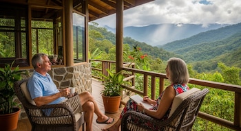 Hombre y mujer sentados en un balcón de madera. Él sostiene una taza, ella escribe en un cuaderno. Paisaje montañoso verde, cielo nublado. Colibrí cerca de flores.