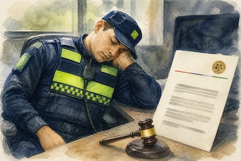 Ilustración al estilo acuarela de un policía dormido sobre su escritorio