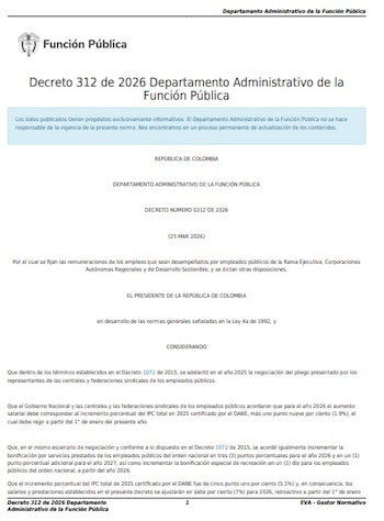 El Decreto 312 de 2026 fijó el aumento del salario de los empleados públicos - crédito Función Pública