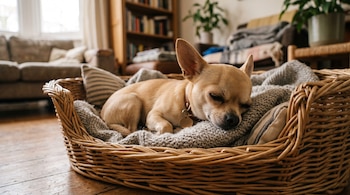 Un chihuahua de pelaje claro duerme sobre mantas grises dentro de una cesta de mimbre en una habitación con piso de madera y estanterías.