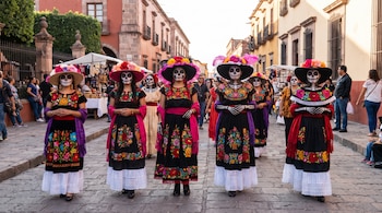 Mujeres con maquillaje de catrina, sombreros floreados y vestidos bordados caminan por una calle empedrada flanqueada por edificios.