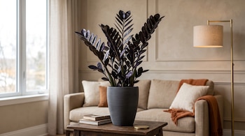 Planta de hojas oscuras en maceta gris sobre mesa de madera, frente a un sofá beige y una lámpara de pie en una sala luminosa.