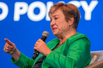 La directora del Fondo Monetario Internacional (FMI), Kristalina Georgieva, dando un discurso en Singapur. EFE/EPA/SIMON LIM